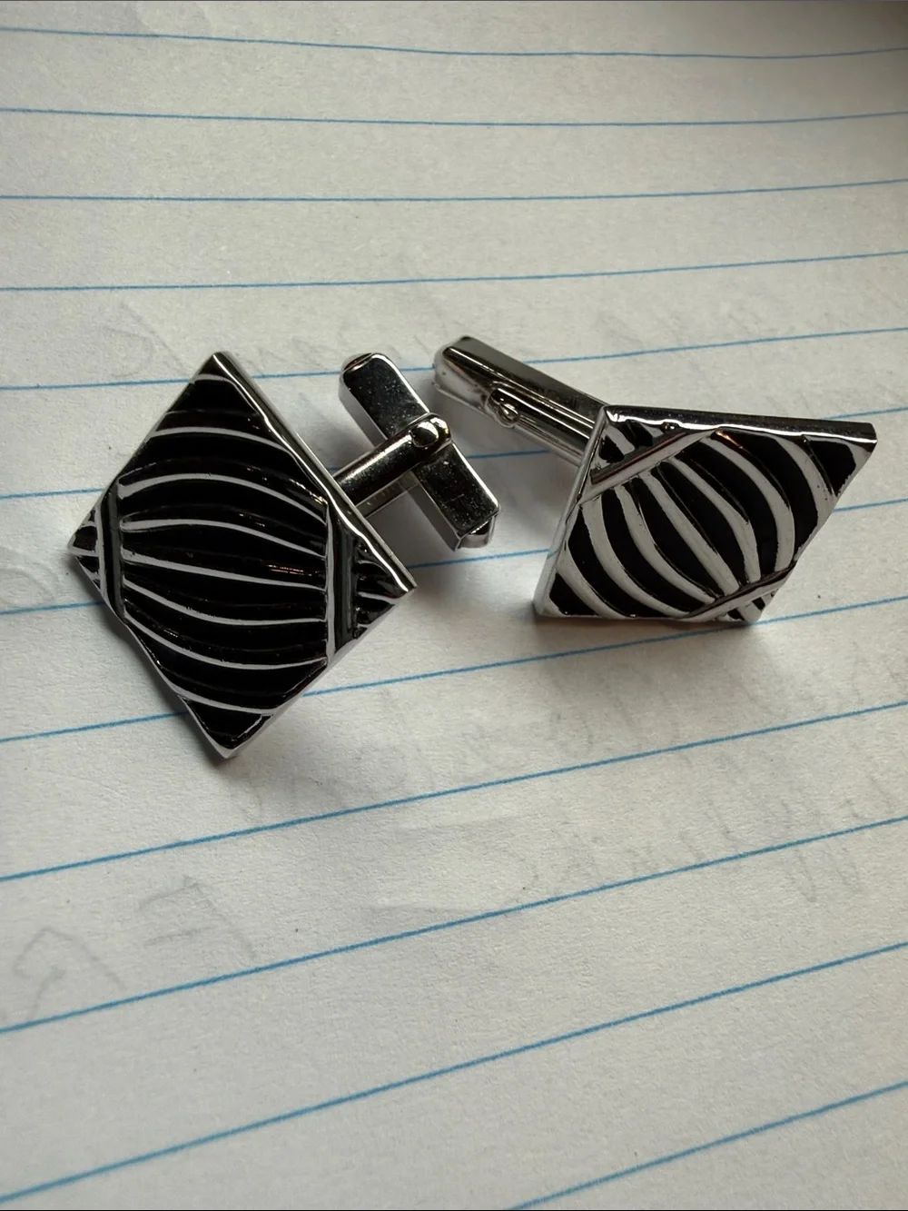 SWANK Black and Silver Diamond-Shape Cuff Links with Striped Inlay